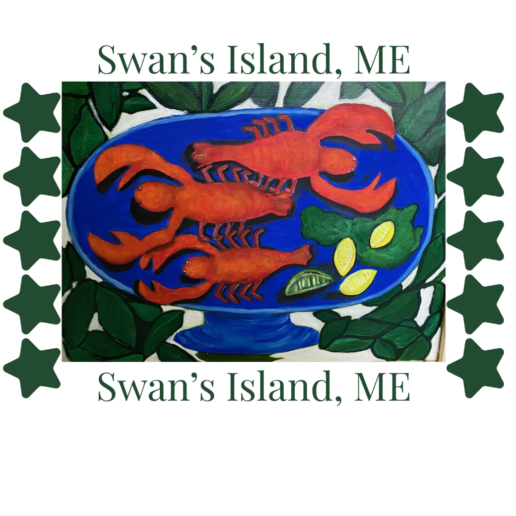 Decorative plate with red lobsters on a blue background, surrounded by green leaves and stars, with 'Swan's Island, ME' text.