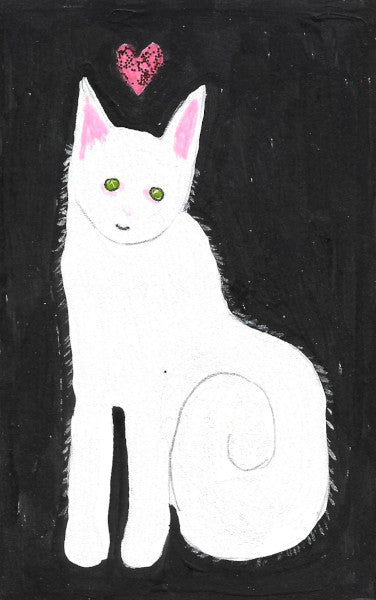 Love and Kisses Caspar shows a white cat on a black background with a red heart floating over his head. His eyes are green and nose and ears are pink.