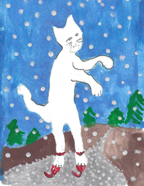Caspar On Skates greeting card shows a white cat standing on red ice skates on a little river of ice. The sky is blue and snow is falling.