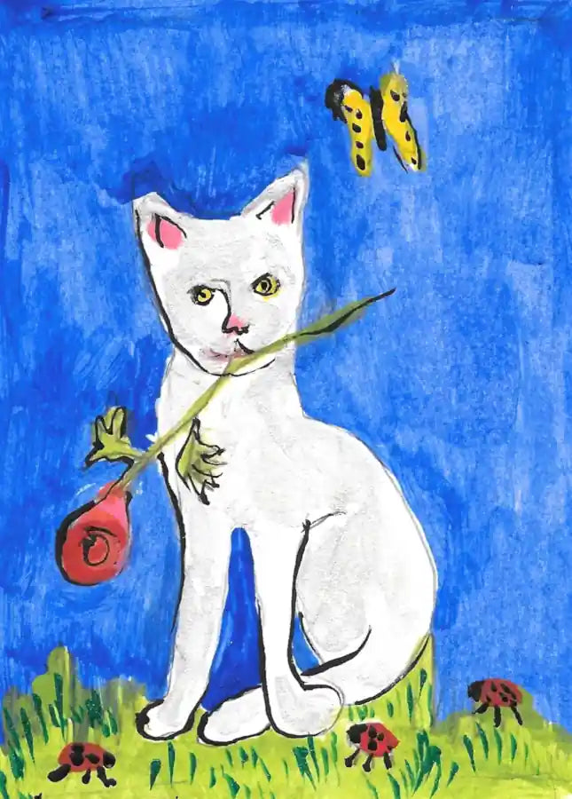 Caspar And Suddenly greeting card shows a pretty white cat with a rose in his mouth. He is sitting on green grass with lady bugs. In the blue sky there is a yellow butterfly.