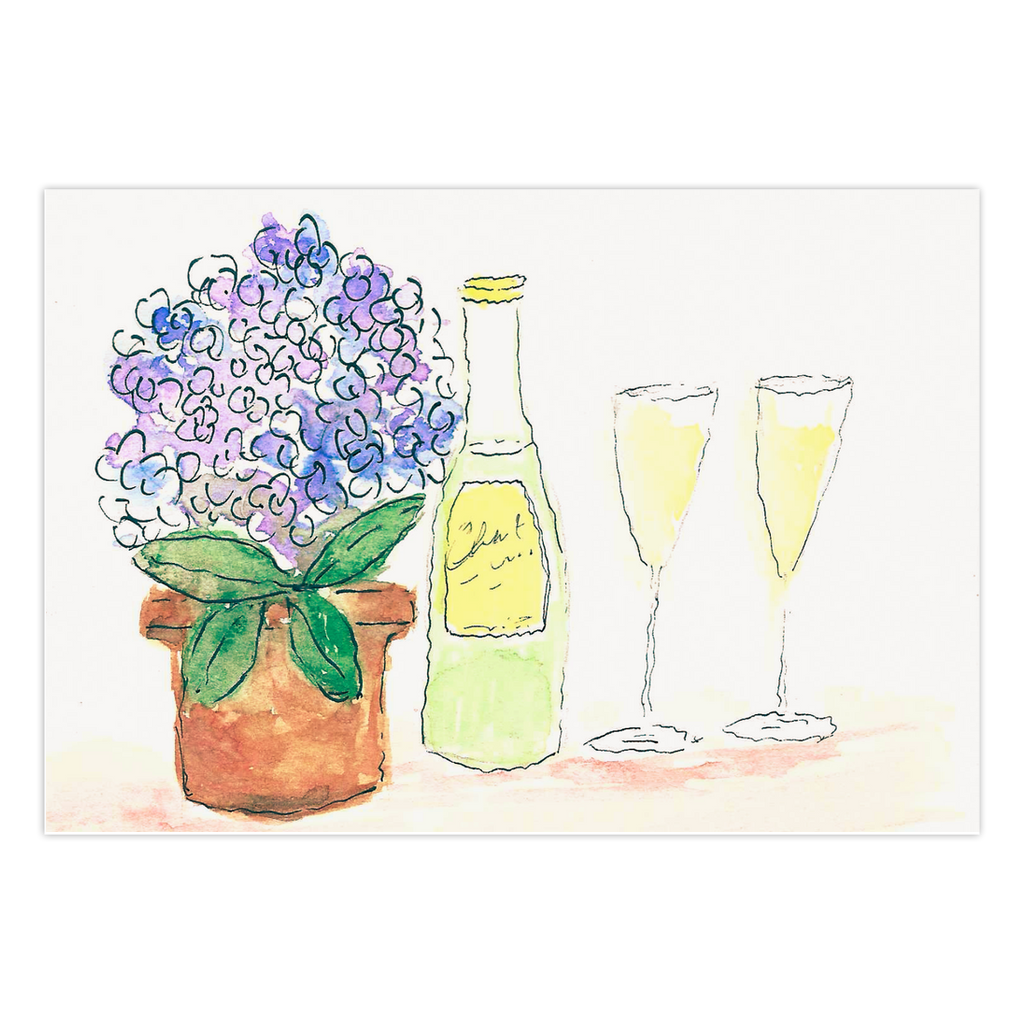 Brightly colored hydrangeas with purple and blue are in a terracotta pot next to an open bottle of wine and two filled glasses.