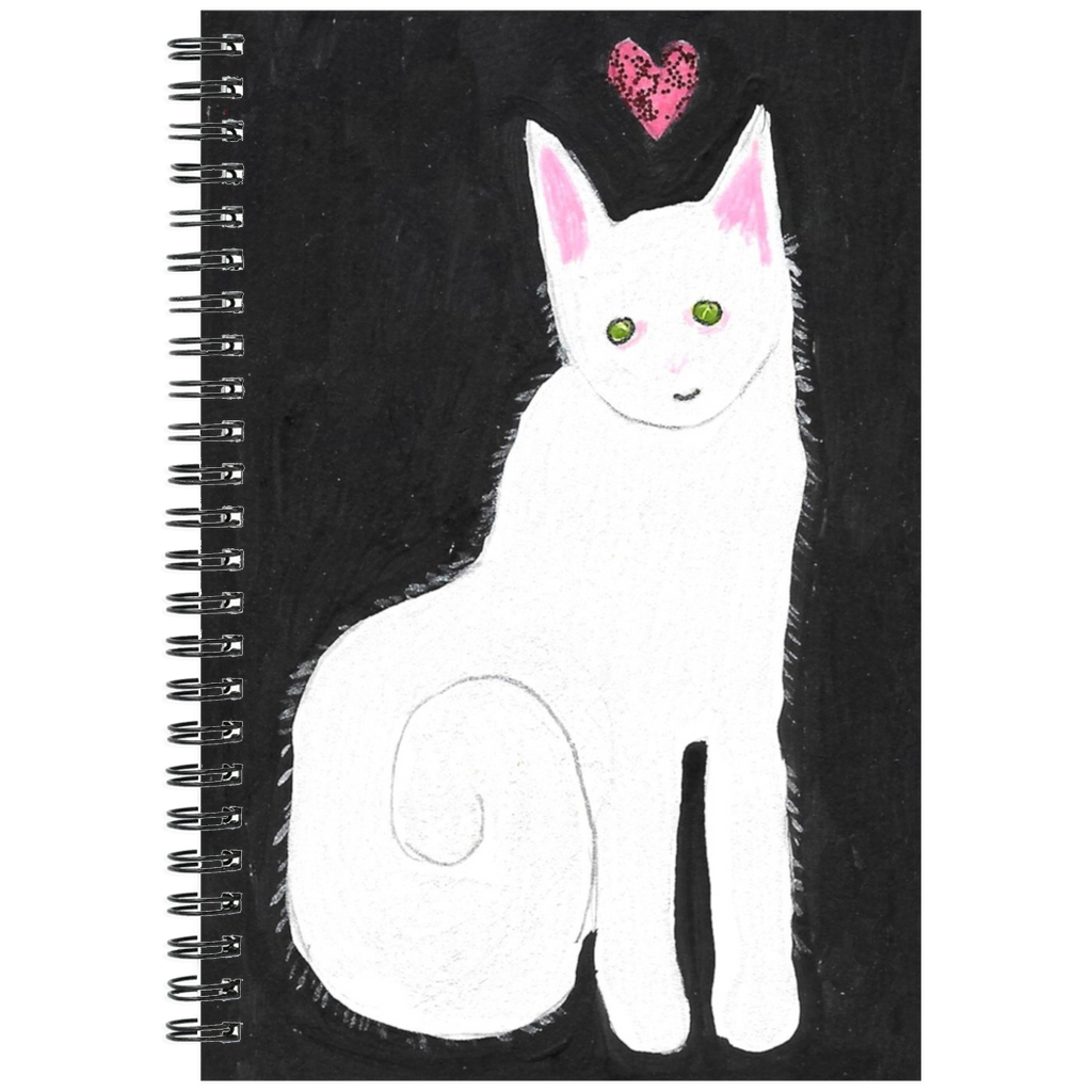 Love and Kisses Caspar shows a white cat on a black background with a red heart floating over his head. His eyes are green and nose and ears are pink.