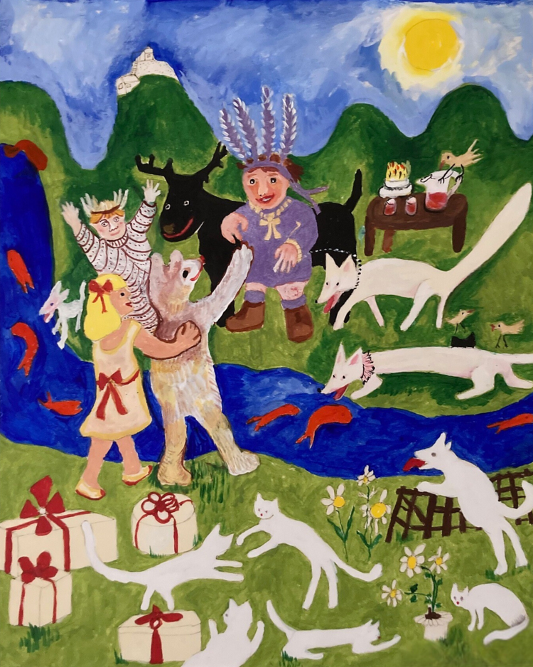 Party Time is filled with bright colors as exuberant party goers greet each other by the stream. There are presents, dancing white dogs, cats and foxes. Some of the attendees are wearing colorful costumes.