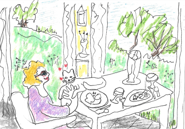 A woman with blonde hair sits at an outdoor table set with plates and candles. In her lap is a white cat with floating hearts.
