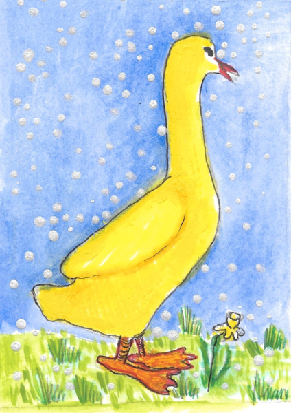 A Few Snowflakes A Yellow Duck and A Yellow Flower depicts a tall yellow duck with orange feet walking by a lone daffodil. The sky is blue, but snowflakes are falling.