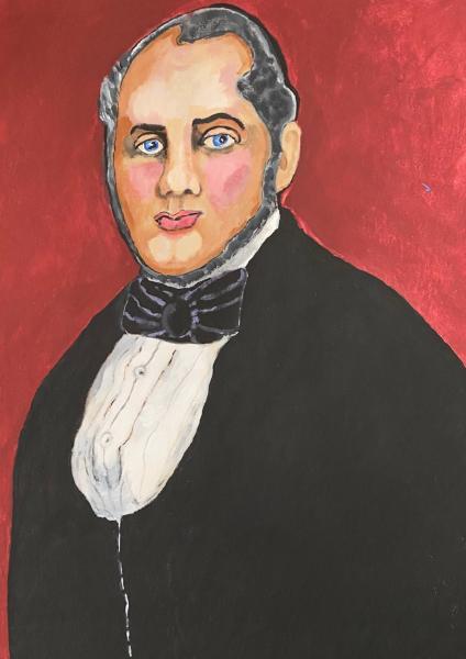 The Good Doctor is the title of this father's day card. It is a portrait of a kind looking man with a gentle expression wearing a formal suit with a burgundy background.