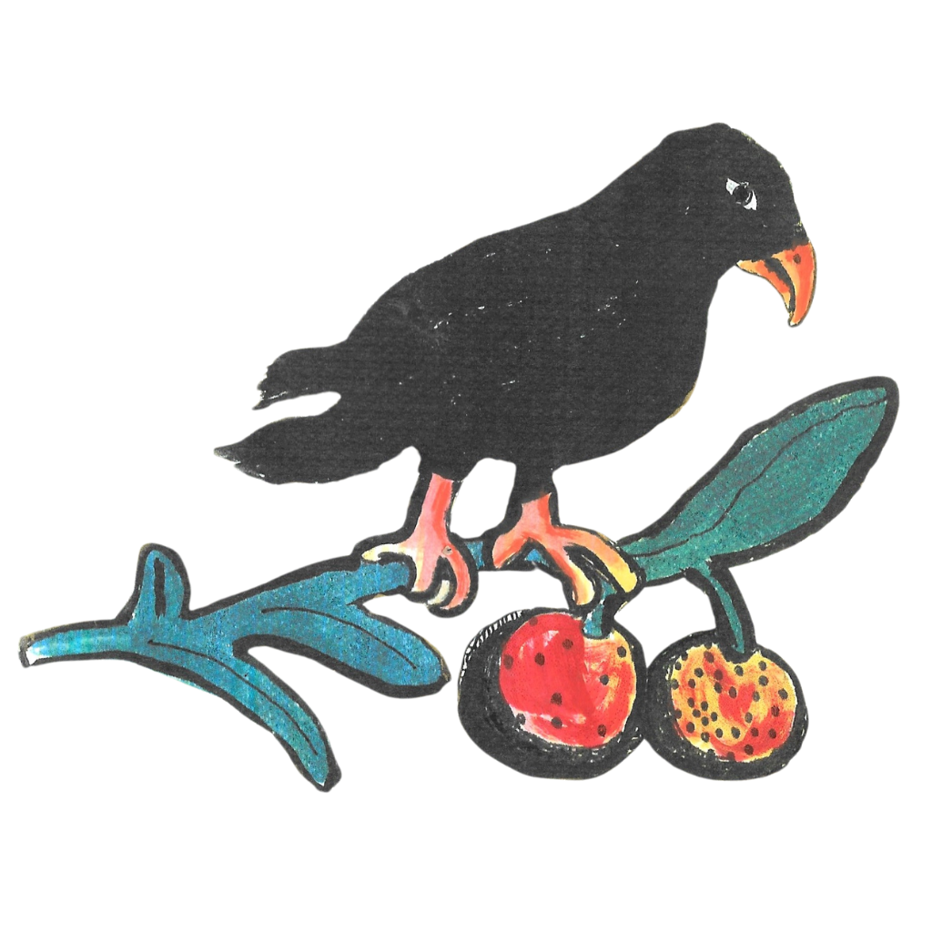 Black crow on branch with berries.  Artwork by Janet Lee Chauncey