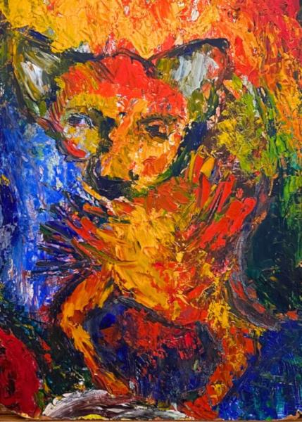 A colorful burst of yellow, orange, blue and green are used in this portrait of Pepito the long haired chihuahua