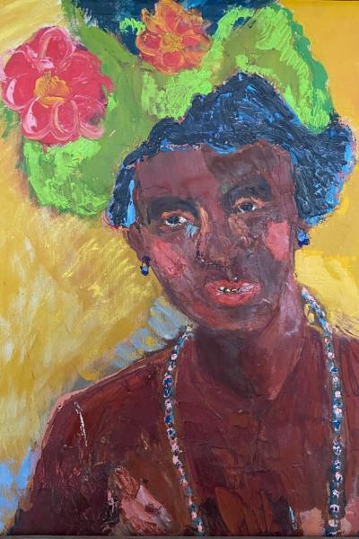 Lady In Hat has an ochre background. Her skin is a dark tone and she is wearing a necklace and earrings. Her hat is large, lime green and is decorated with large pink flowers.