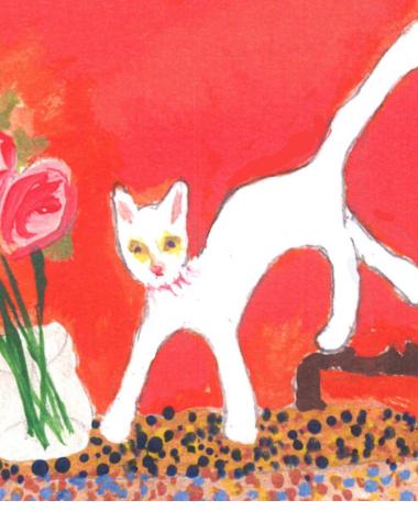 White cat atop a table near a vase with pink roses against a vivid orange background on the front of this greeting card