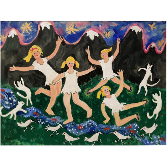 Exuberant is the only way to describe the joy conveyed in this art print. It shows 4 lovely blonde haired girls in white dresses dancing by a stream. There are also white cats and birds who are dancing as well.