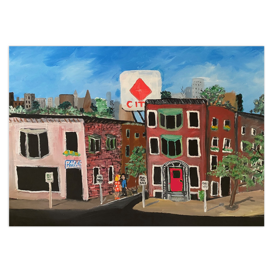 The greeting card Back Bay Street is painted in a primitive style showcasing brownstone buildings, the famous Citgo sign and people walking their dogs conversing.