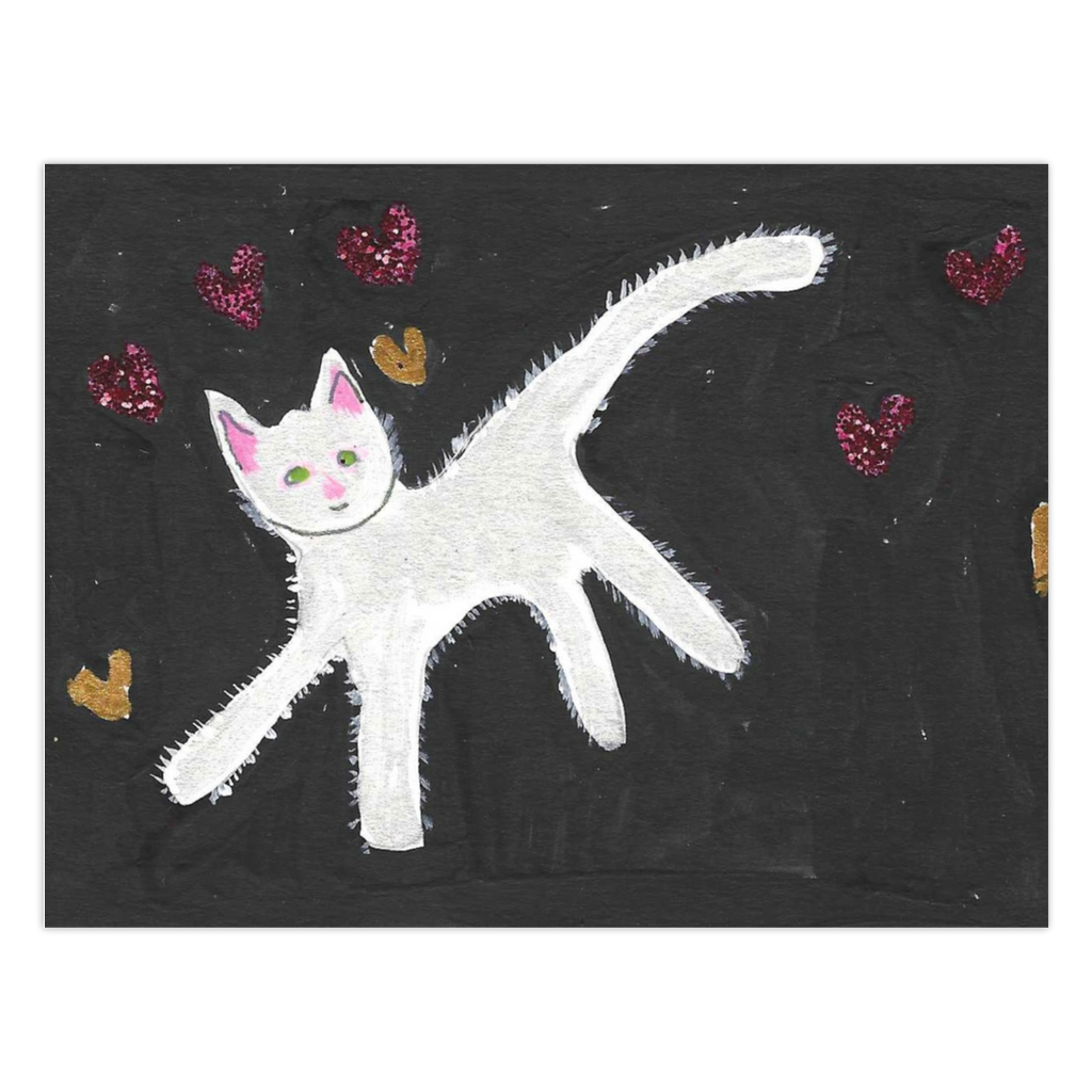 Front of greeting card of white cat against a black background made to look fluffy by white lines extending onto the black.  the cat is moving to the left with hind end higher than front end - he looks forward with pink inner ears, a pink nose, green eyes and a sweet little smile.  In the air around him are shiny hearts of gold and red-purple.  The title of this folded card is Caspar With Floating Hearts.