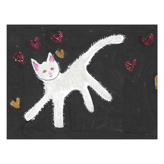 Front of greeting card of white cat against a black background made to look fluffy by white lines extending onto the black.  the cat is moving to the left with hind end higher than front end - he looks forward with pink inner ears, a pink nose, green eyes and a sweet little smile.  In the air around him are shiny hearts of gold and red-purple.  The title of this folded card is Caspar With Floating Hearts.
