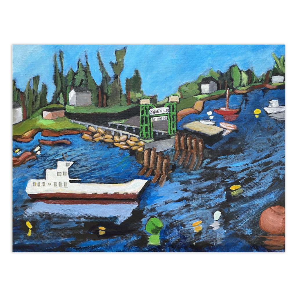 You Have Arrived greeting card by Gretchen Chauncey.  Features a ferry boat approaching the Swan's Island ferry terminal.  Colorful boats and the Welcome Home sign are visible.  Coastal stationery by Chauncey Art Collective.
