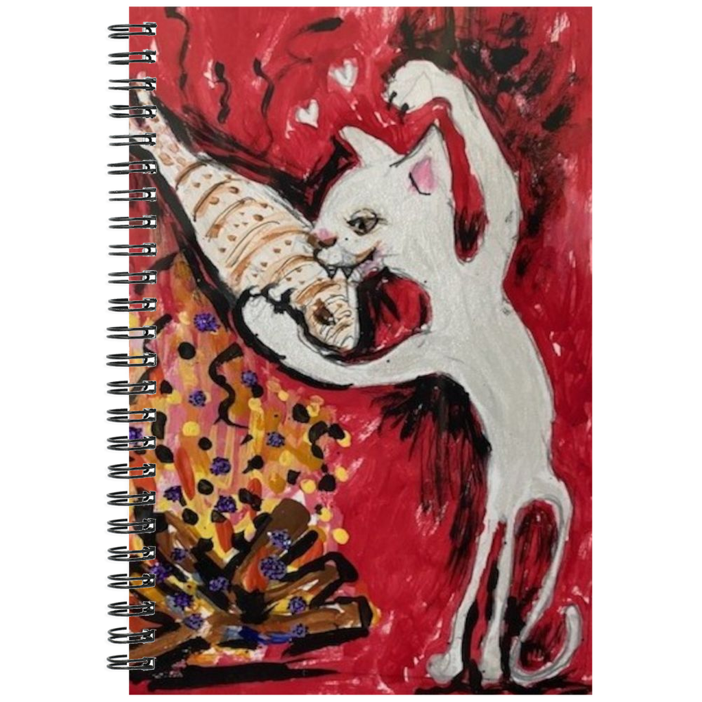 Firepit Fun! Spiral Notebook: A whimsical white cat enjoys roasting a fish over a glowing, crackling firepit. Artist Janet Lee Chauncey created the original acrylic painting for this Chauncey Art Collective notebook.