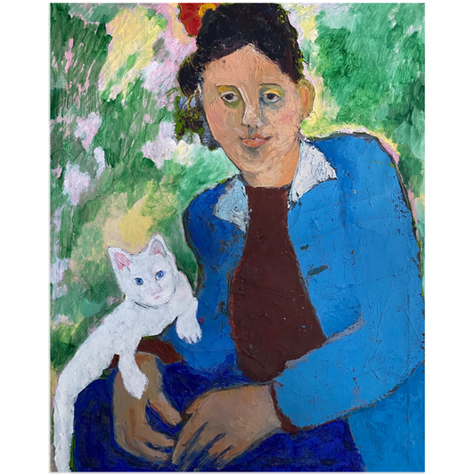 Erica Blackwell with Caspar acrylic print featuring a portrait of a woman alongside a cat, signifying friendship, reproduced from an original oil painting by Janet Lee Chauncey. Acrylic print by Chauncey Art Collective.