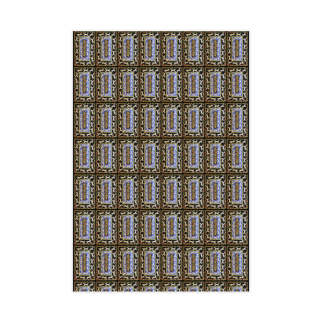 The roll of Cats In The Garden wrapping paper depicts white cats running and enjoying themselves on a black and blue background. The pattern is repeated rectangles.