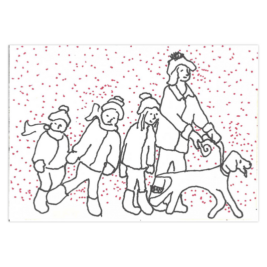 Front side of greeting card showing a mother and three children walking towards the right in the snow with a dog in the lead.  The mother is holding a leash to which a dog is attached.  All figures wear hats and jackets and boots and mittens, some with scarves.  The images are drawn in black ink on white background the only color being red snowflakes.  The title of this winter card is Hunter Leads The Way For A Fun Day.