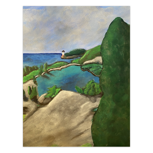 I Can See Clearly greeting card by Gretchen Chauncey.  A lovely scene of granite rocks, bleu quarry swimming hole and light house across the bay.  Note card by Chauncey Art Collective.
