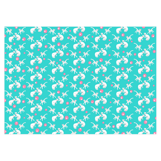 Front and back of the wrapping paper with 4 playful white cats against a teal blue background with pink balls and white dots randomly placed among the cats.  The title of this paper elegant giftwrap is Fancy Felines.