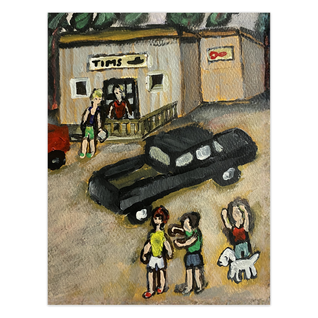 The Island Store greeting card by Gretchen Chauncey. Joyful people visit  Swan's Island's only store. Chauncey Art Collective exclusive design.