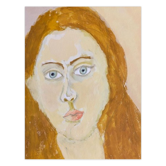 Portrait Girl greeting card shows a girl with an intense look in her piercing blue eyes. Her complexion is pale and her coral lips are shut. Her auburn hair with golden highlights frame her inquisitive face.