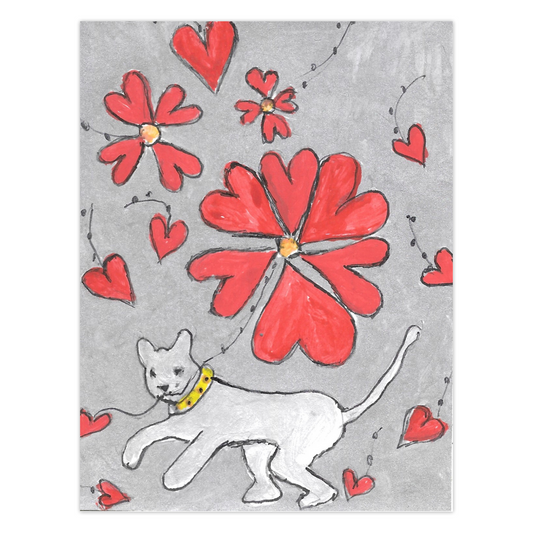 Made Just For You greeting card featuring a sweet cat carrying a bouquet of festive heart balloons, reproduced from an original acrylic painting by Janet Lee Chauncey. Front of card by Chauncey Art Collective.