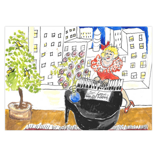 Happy Birthday And All That Jazz shows a lively girl at her black grand piano. The piano is topped with a happy birthday song book and a vase of pink roses. There is a large window of a city scape behind her. In the corner stands a tree with yellow birds.