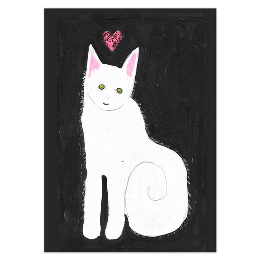 Love And Kisses Caspar features a demure, adorable white cat with green eyes, pink ears and nose and a red heart floating over his head. He is positioned in the middle of the card with a black background