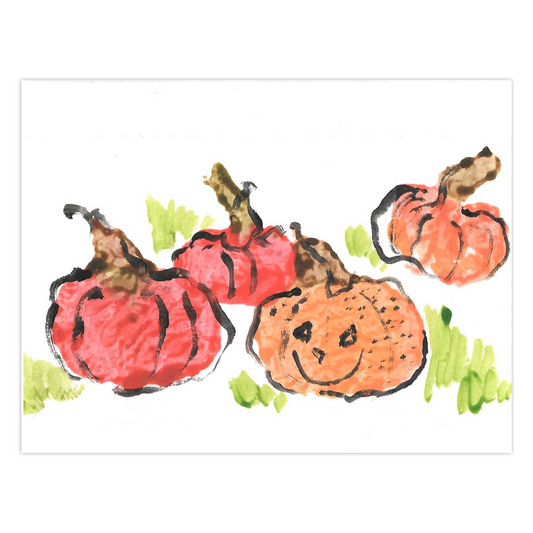 Festive Halloween card from Chauncey Art Collective with Janet Lee Chauncey's Pick Me Pumpkin artwork, showing a pumpkins in a patch.