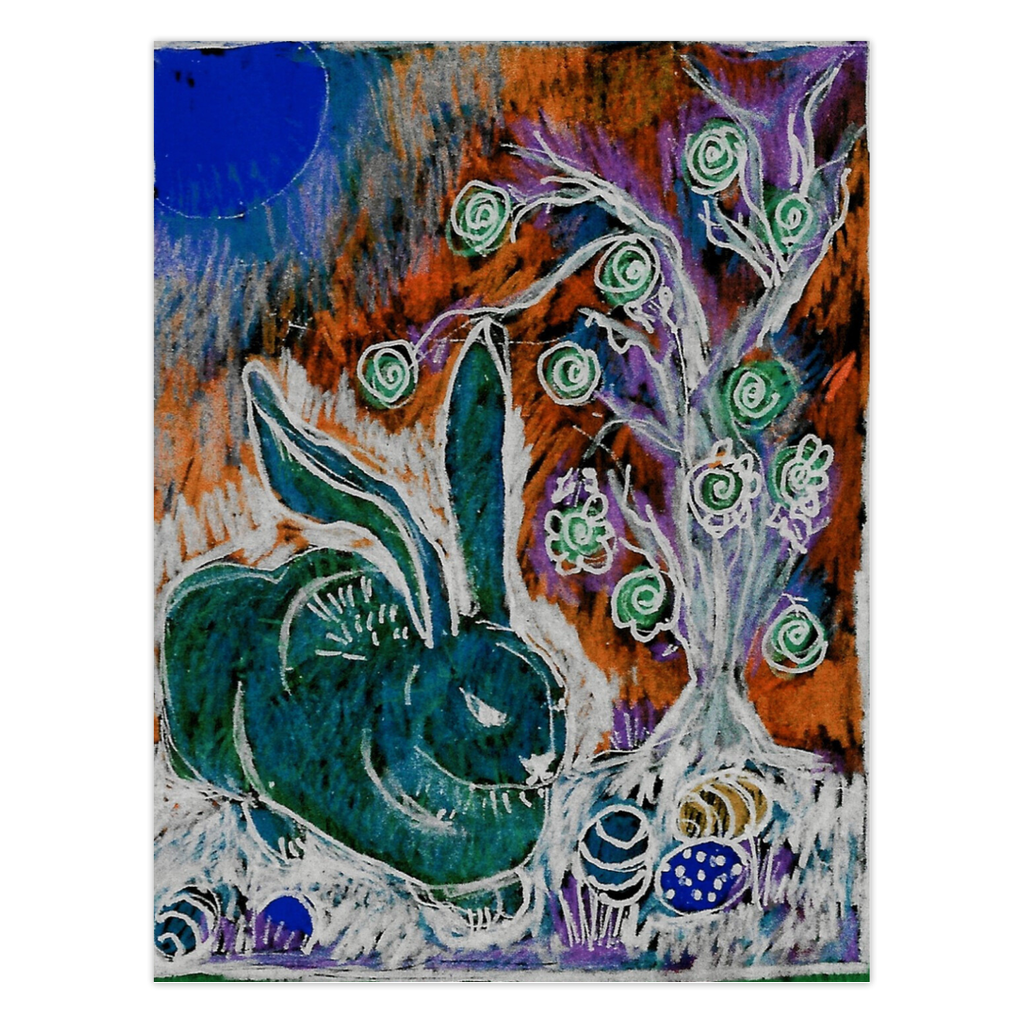 Bold Bunny greeting card by Janet Lee Chauncey.  A bold illustration of a bunny near Easter eggs and a swirling rosebush with a bright blue sun and splashes of orange.  From the Chauncey Art Collective Easter collection.