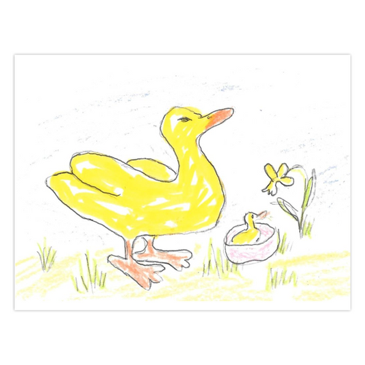 Front of a spring themed Easter card titled Two Yellow Ducks One Yellow Flower.  The yellow duck is facing to the right and in front of it is a small pink basket with a yellow duckling inside.  In front of the duckling is one yellow daffodil with the bloom curved down toward the duckling.  The sky is mostly white with streaks of light blue.  The ground is yellow-green with taller dark green blades of grass her and there.