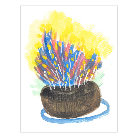 The Most Delicious Cake Birthday card by Chauncey Art Collective. Artwork by Janet Lee Chauncey. A chocolate cake on a plate is ablaze with colorful candles.