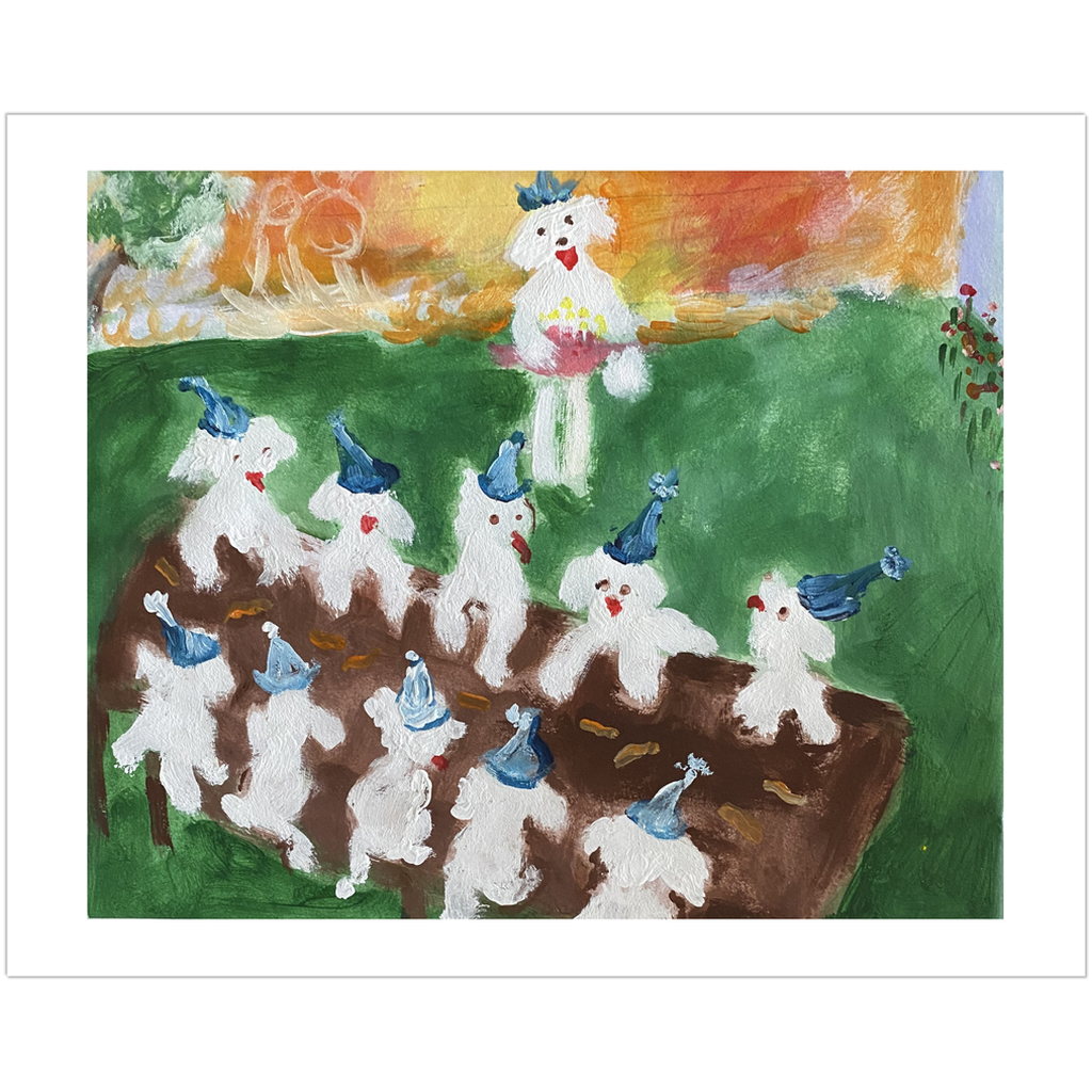 Janet Lee Chauncey's Birthday Picnic shows a group of happy Maltese dogs at a picnic table with party hats on as the cake is being walked over to them.