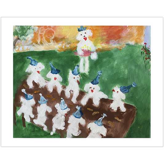 Janet Lee Chauncey's Birthday Picnic shows a group of happy Maltese dogs at a picnic table with party hats on as the cake is being walked over to them.