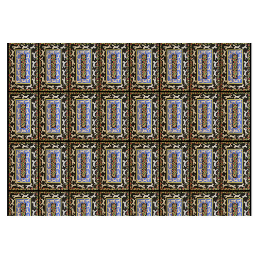 Cats In The Garden wrapping paper shows the repeated rectangle pattern of white cats joyously running around on a blue and black background. Art by Janet Lee Chauncey. Gift wrap by Chauncey Art Collective.