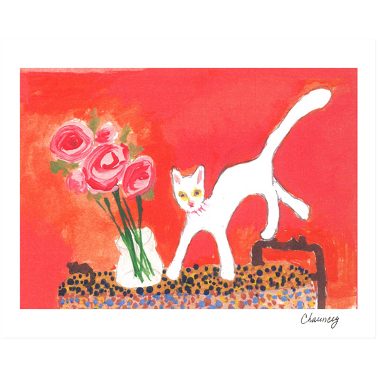 Colorful feline art print from Chauncey Art Collective with Janet Lee Chauncey's Caspar With Roses painting, adding a burst of energy to your room decor.