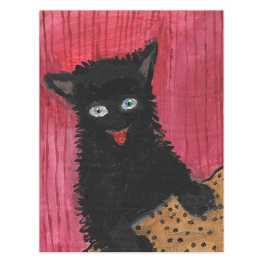 Front of greeting card with a fluffy black cat, vivd blue eyes and red tongue with paws up on a gold surface with black dots.  We do not see the lower half of the cat.  The background is a red on red stripe.  The title of this folded card is Happy Cat.
