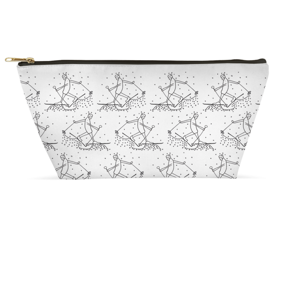 Pouch with black and white skier pattern on a white background.  Artwork by Janet Lee Chauncey.