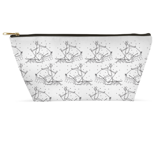 Pouch with black and white skier pattern on a white background.  Artwork by Janet Lee Chauncey.