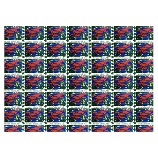 Swan's Island wrapping paper has a repeated pattern with a picture of red lobsters on a blue platter surrounded by green stars and the words Swan's Island, ME under the picture.