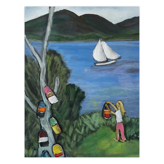 Buoy Tree greeting card by Gretchen Chauncey for Chauncey Art Collective features a birch tree with colorful buoys in a green field with a sailboat and mountains in the background. Card designed by Chauncey Art Collective.