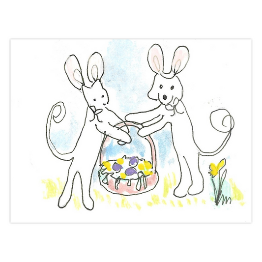 Easter Basket From Caspar And Oliver greeting card featuring a cute dog and cat with a gift basket, ready for Easter festivities, reproduced from an original acrylic painting by Janet Lee Chauncey. Card by Chauncey Art Collective