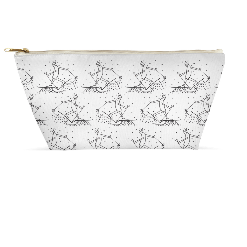 White pouch with black cross country skier pattern.