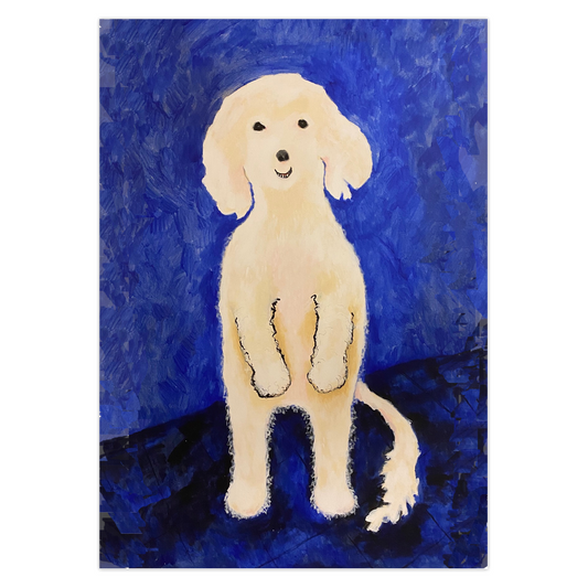 Front of greeting card of an artistic rendering of a smiling white Maltese dog standing on his hind legs facing forward with tail to the right against a vibrant cobalt blue background with brushstrokes visible.