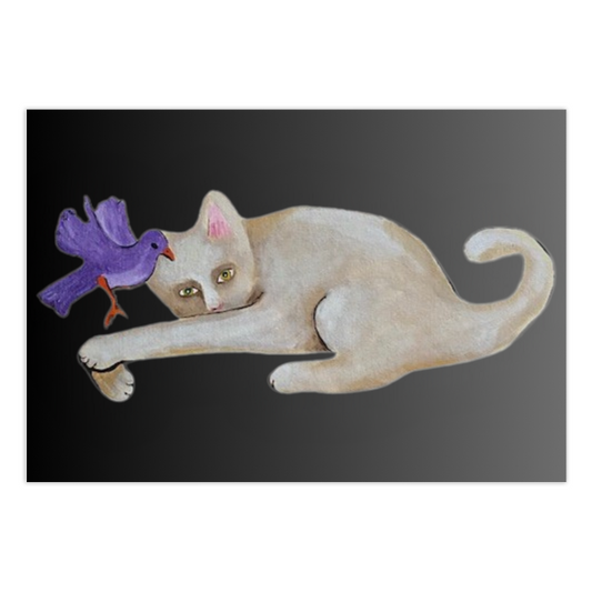 This sweet notecard Cat With Bird shows a white cat with a pretty purple bird with orange feet. against a black background. Art by Janet Lee Chauncey. Greeting card by Chauncey Art Collective.