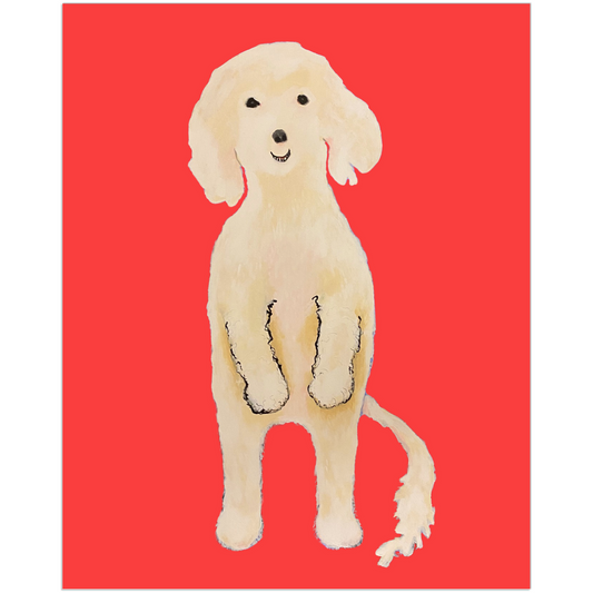 This art print is of a smiling white Maltese dog standing on his hind legs with his arms in front of his body and his cute tail showing. The background is a very vivid coral color. Art by Janet Lee Chauncey. Greeting Card made by Chauncey Art Collective
