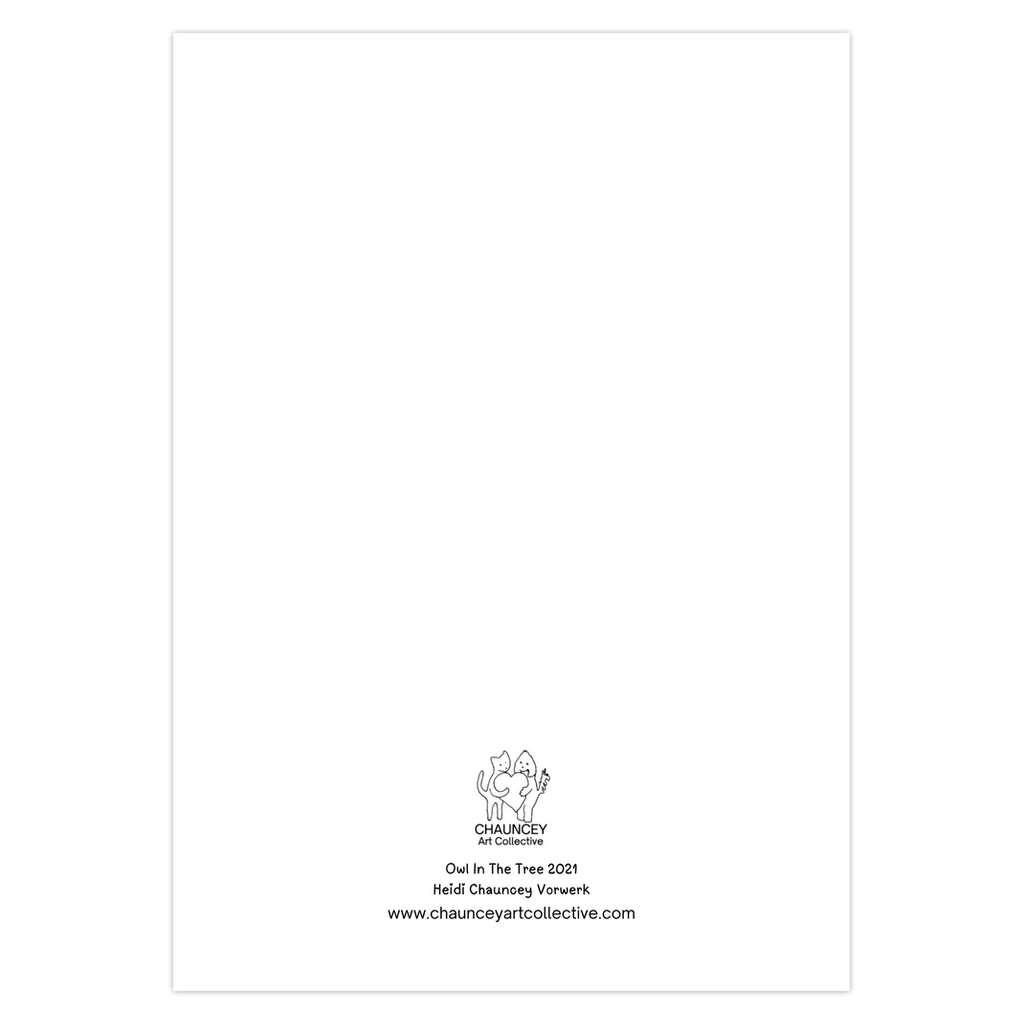 The back of greeting card Owl In Trees shows the title of the card and the Chauncey Art Collective logo,