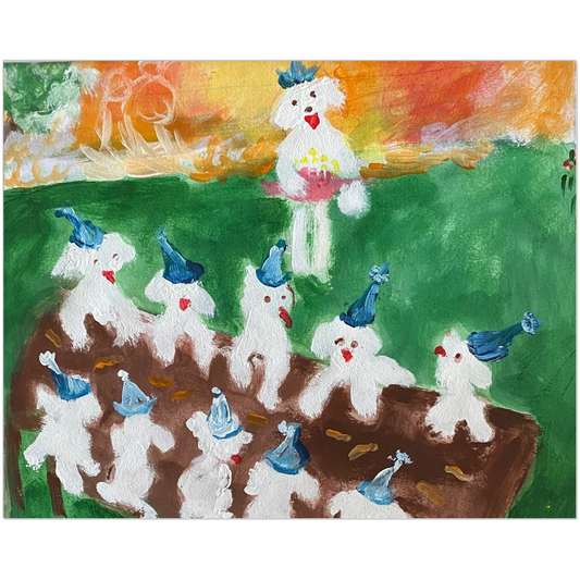 Birthday Picnic art print featuring cheerful dogs celebrating at an outdoor party with cake, reproduced from an original acrylic painting by Janet Lee Chauncey. Art print by Chauncey Art Collective